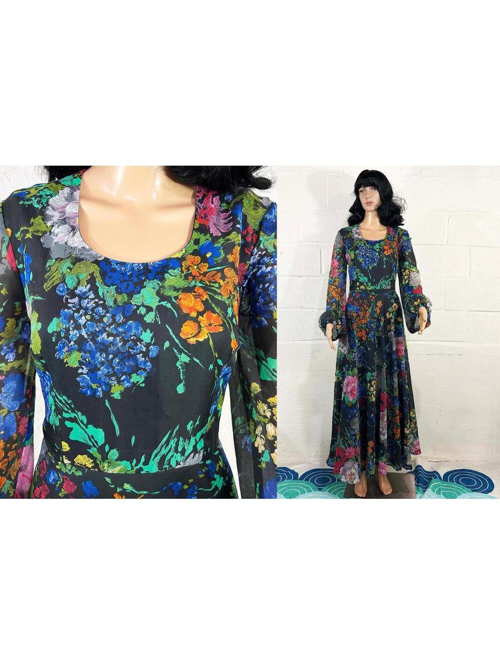 Floral Maxi Dress Sheer Bishop Wedding Bridesmaid Prom 1970s Medium Large